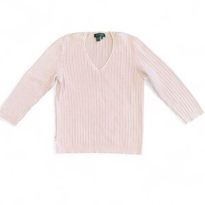 Lauren Ralph Lauren Vintage V Neck Sweater Pink Ribbed Knit Size M Preppy Y2K